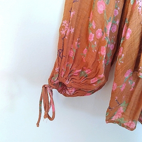 Urban Outfitters Burnt Orange Lace Up Floral Peplum Hem Puff Sleeve Blouse Small - Picture 7 of 13